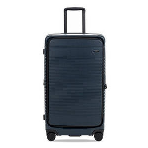 navy trunk front view with wheels and handle on a white background