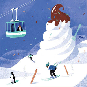 Arlo Skye designed note card with illustration of people skiing on a sundae