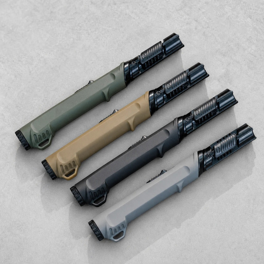 Outdoor ignition tools in multiple colors on a clean grey studio background