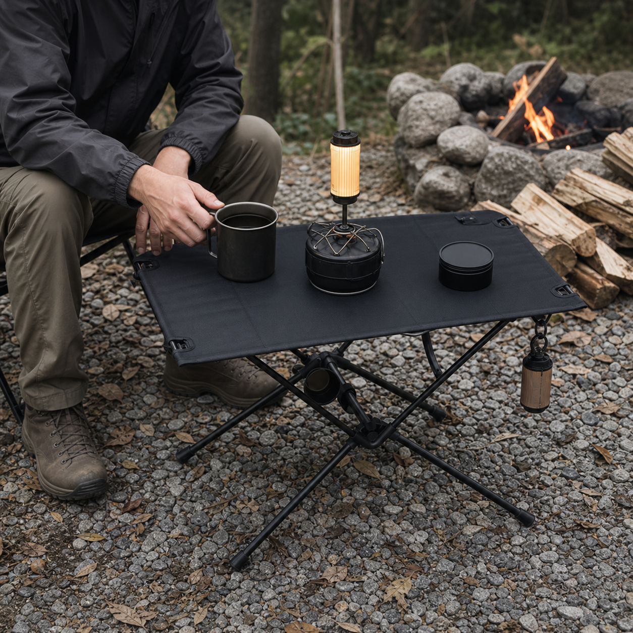 Ultralight Fabric Camp Table 03 human use